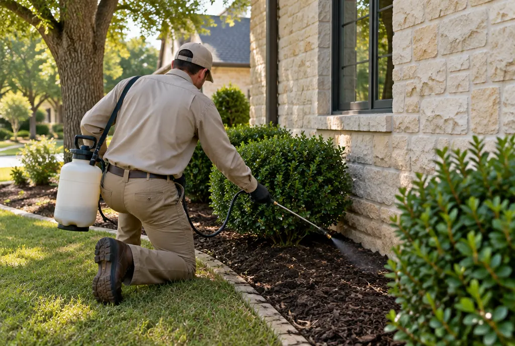 Technician treating the foundation of a cream stone home in Southlake