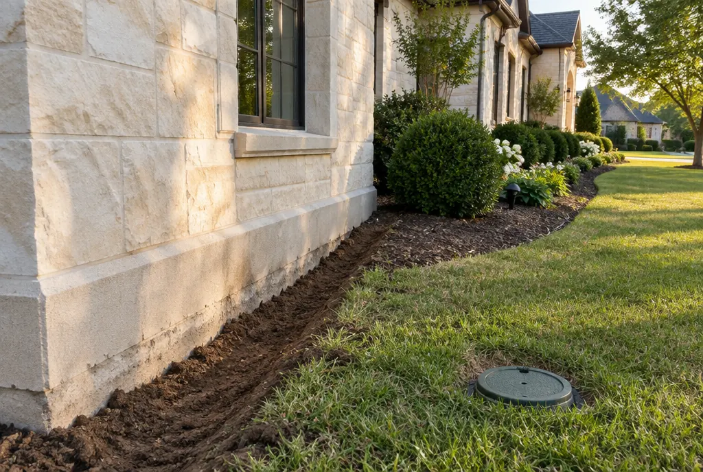 Trenched foundation line and bait station for termite treatment at a Southlake home