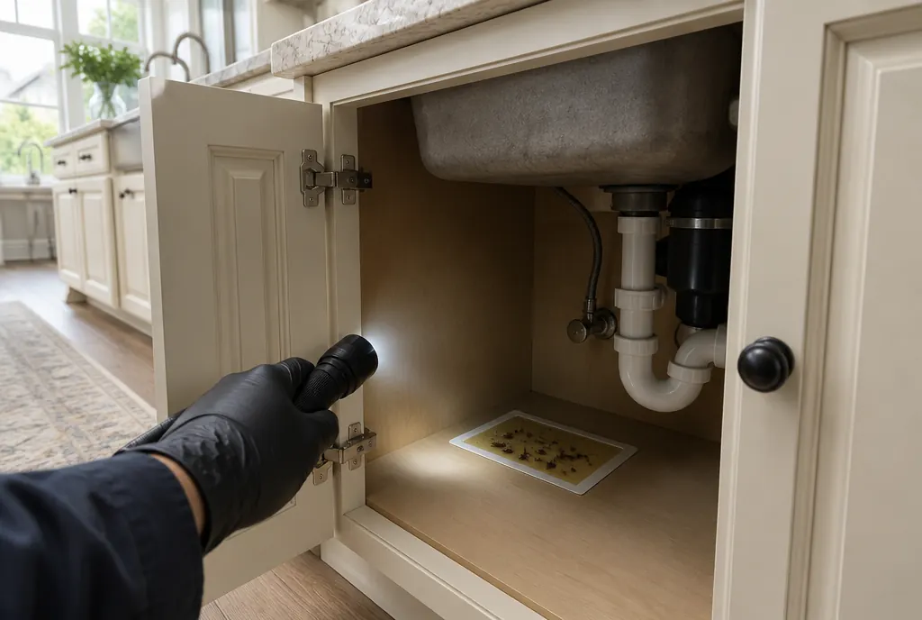 Exterminator inspecting under a kitchen sink for roaches in Southlake